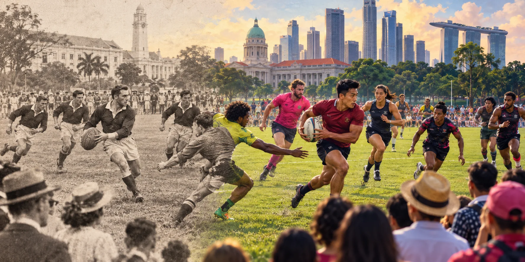 Editorial past-to-present illustration of invitational rugby sevens at the Padang