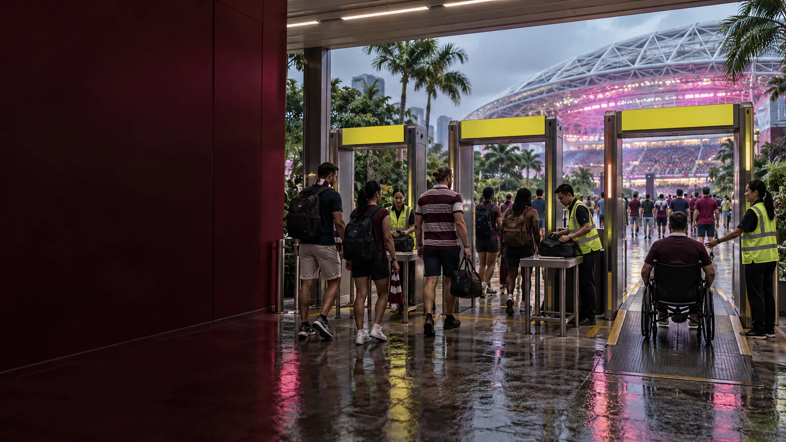 Visitors using bag-check and accessible entry lanes at Singapore National Stadium