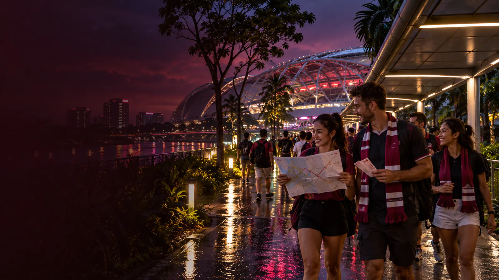 Rugby supporters checking a transit map while walking toward Singapore National Stadium after rain