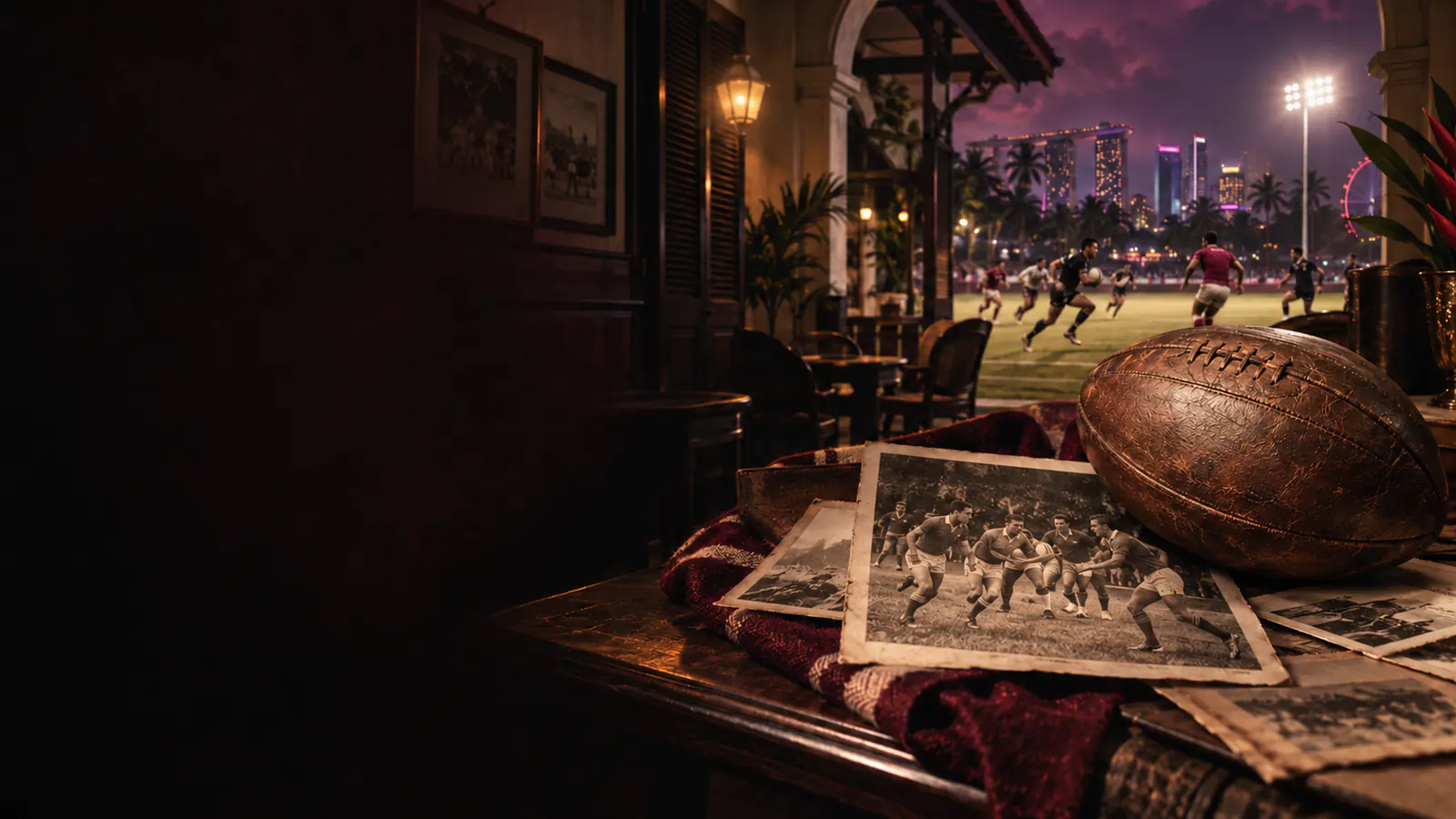 Historic rugby photographs and a leather ball linking Singapore club heritage with the modern sevens game