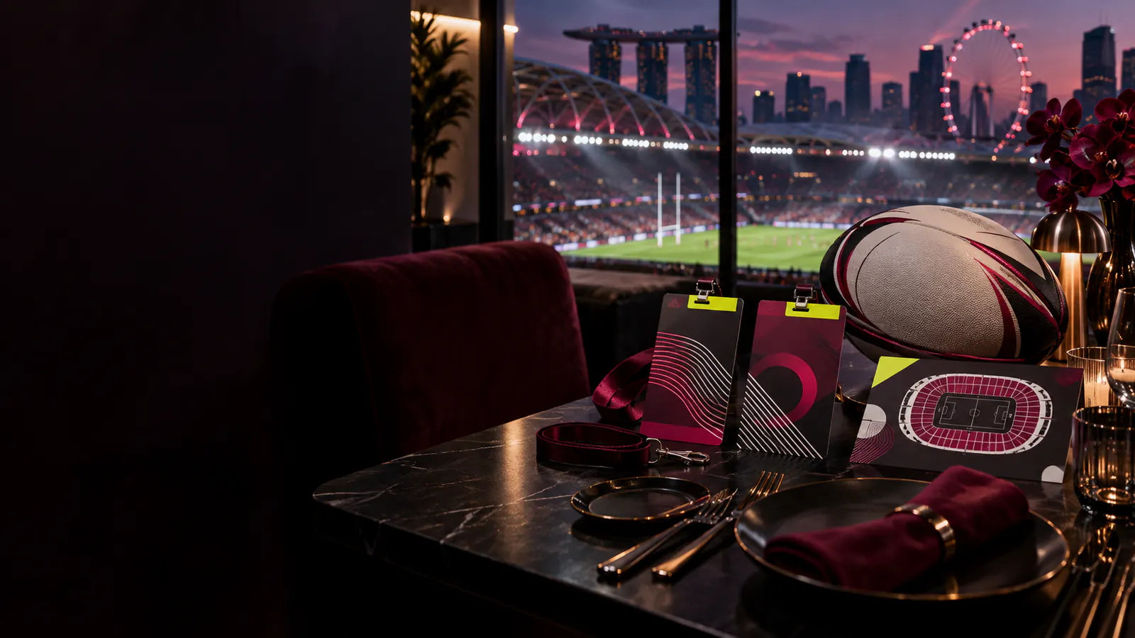Unbranded hospitality passes, seat map and rugby ball inside a Singapore stadium suite