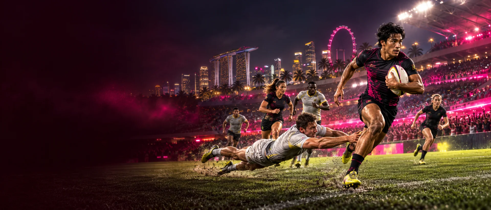 Editorial artwork of an unbranded rugby sevens match under Singapore night lights