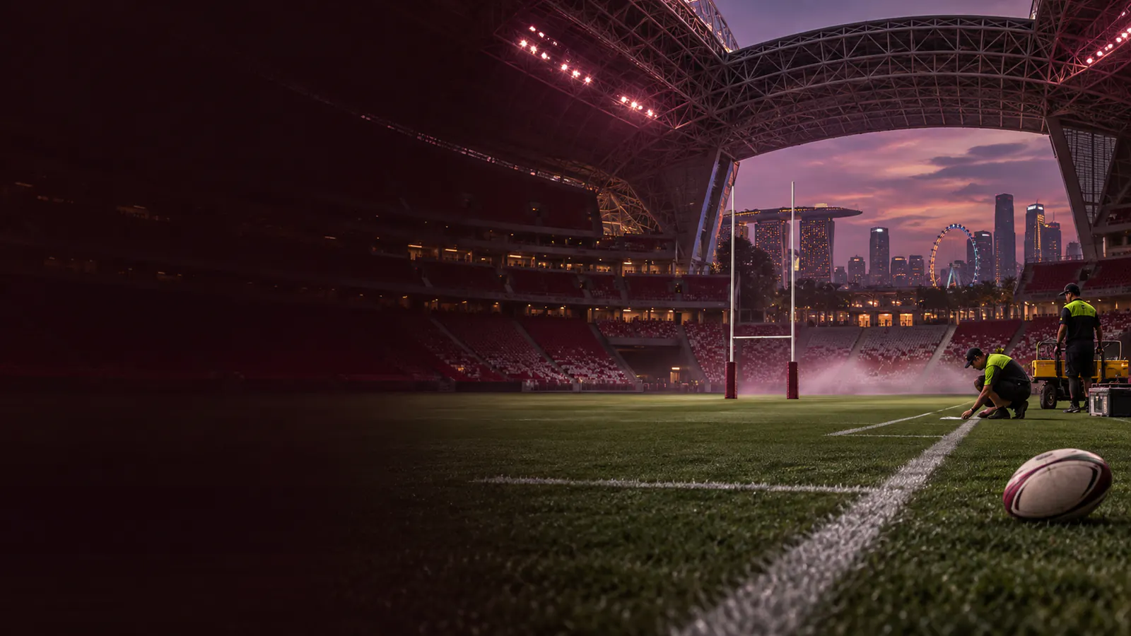Grounds crew preparing an empty Singapore rugby sevens stadium before the 2027 event
