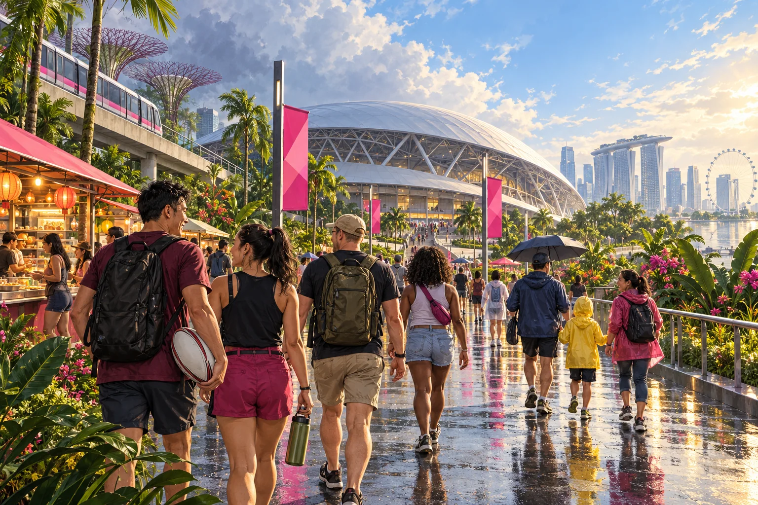 Editorial artwork of supporters approaching a Singapore sports event